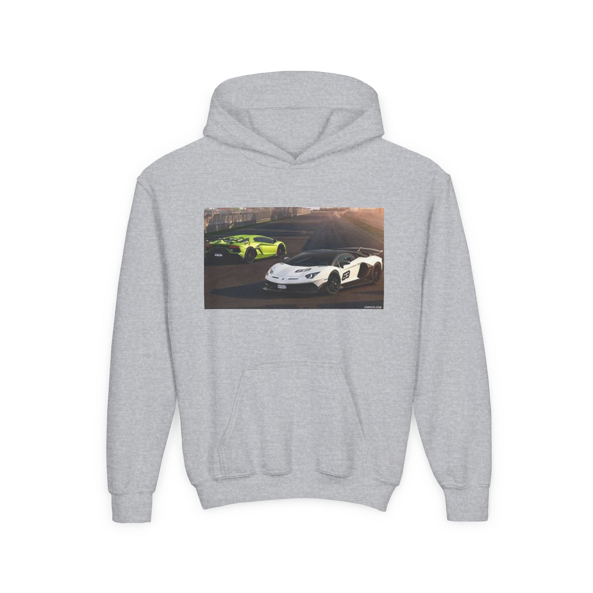 Youth Hoodie — Exotic Sports Cars Print with “Buckle Up” Back Script