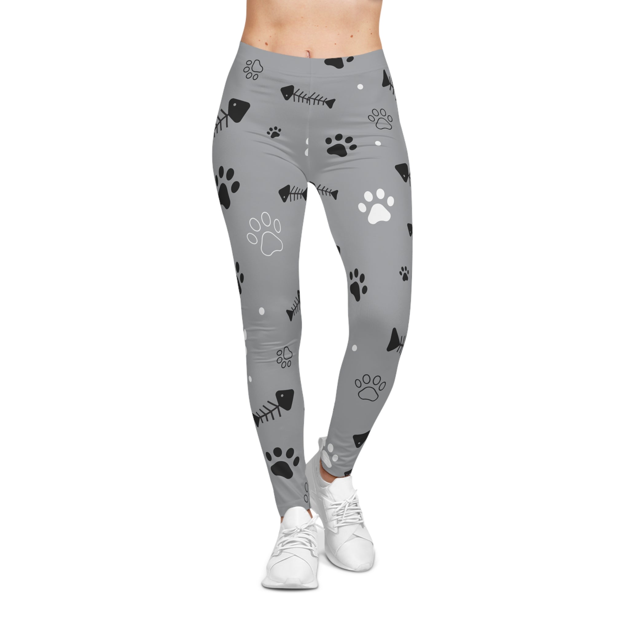 Gray Paw Print & Fishbone Pattern Leggings — Cute Cat & Dog Themed Yoga Pants