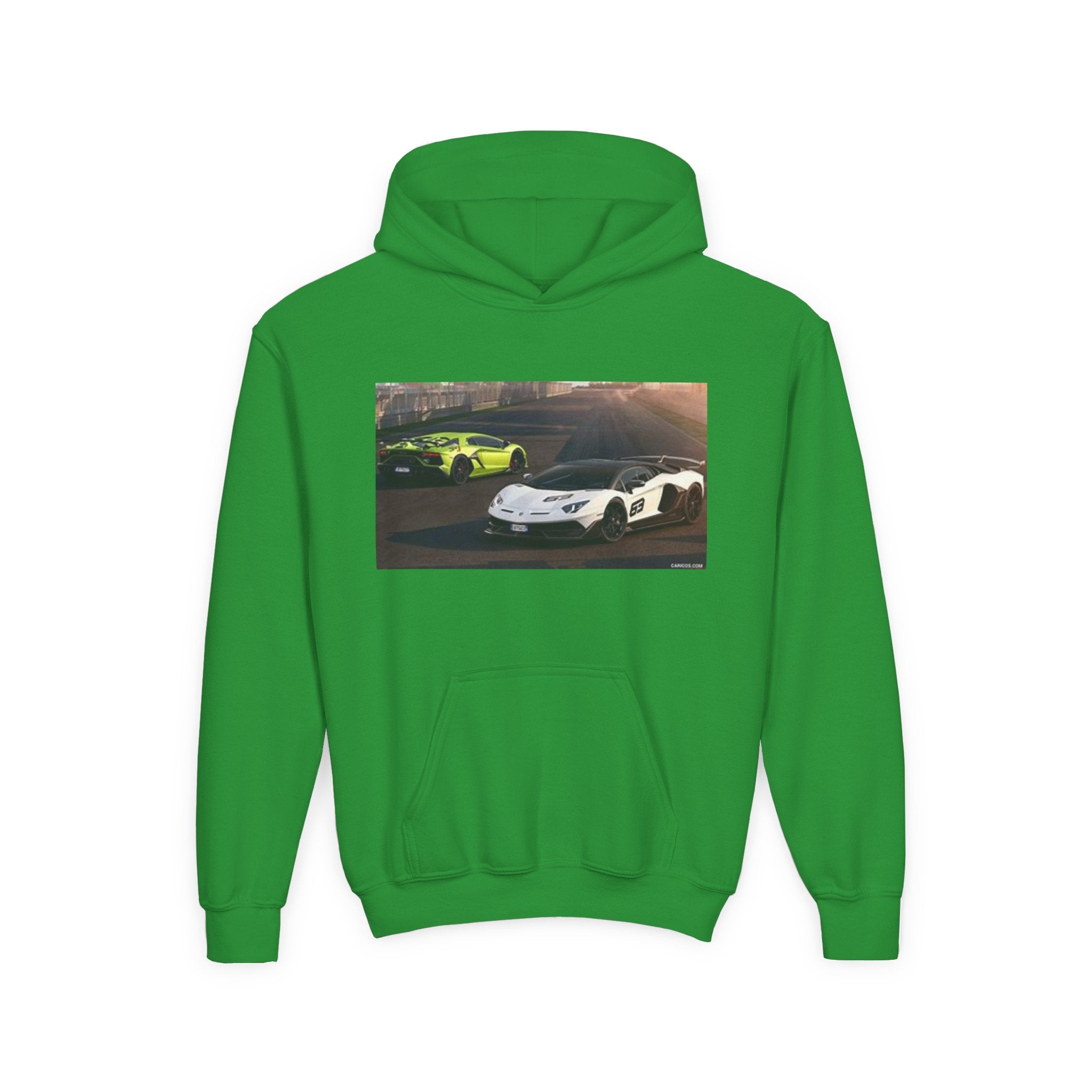 Youth Hoodie — Exotic Sports Cars Print with “Buckle Up” Back Script
