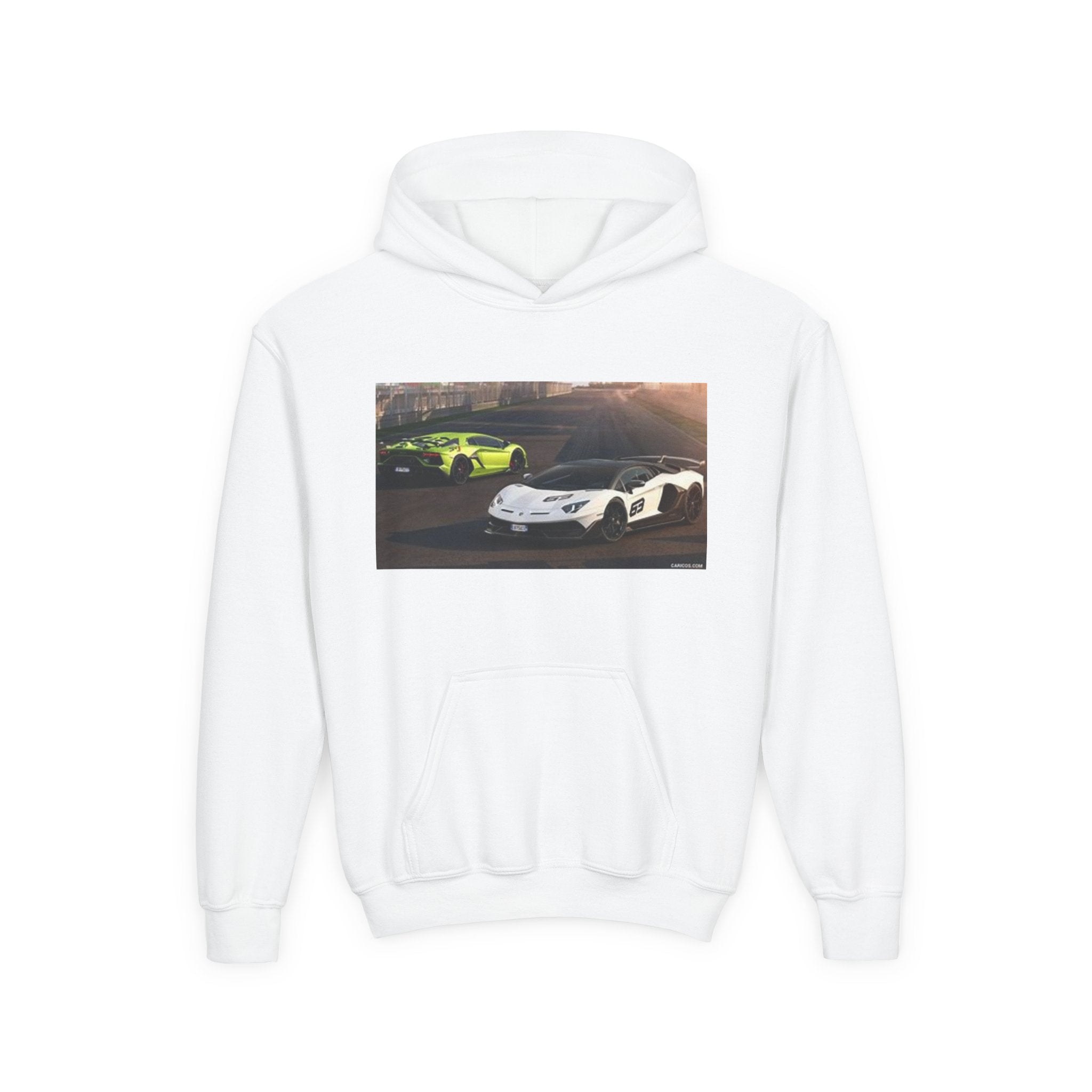 Youth Hoodie — Exotic Sports Cars Print with “Buckle Up” Back Script