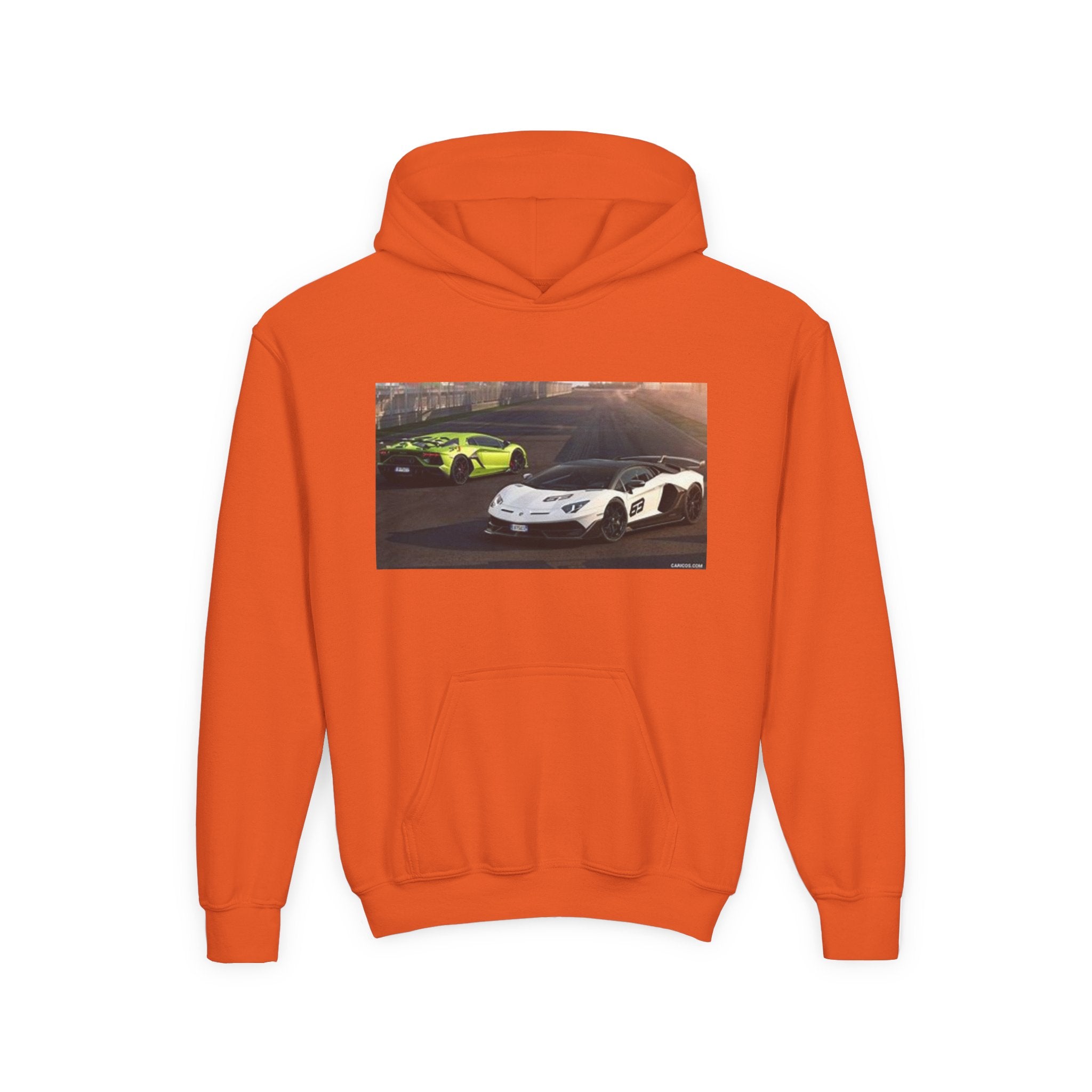 Youth Hoodie — Exotic Sports Cars Print with “Buckle Up” Back Script