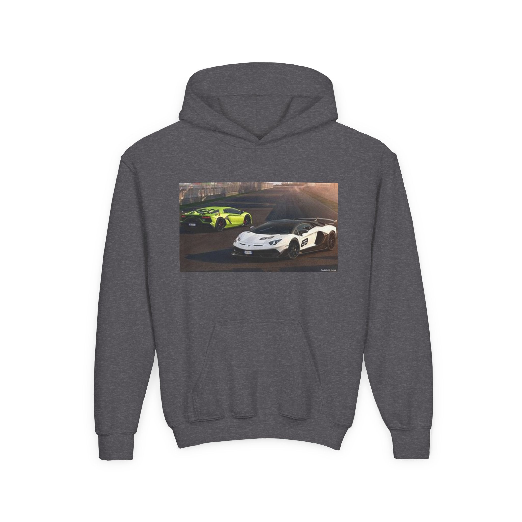 Youth Hoodie — Exotic Sports Cars Print with “Buckle Up” Back Script