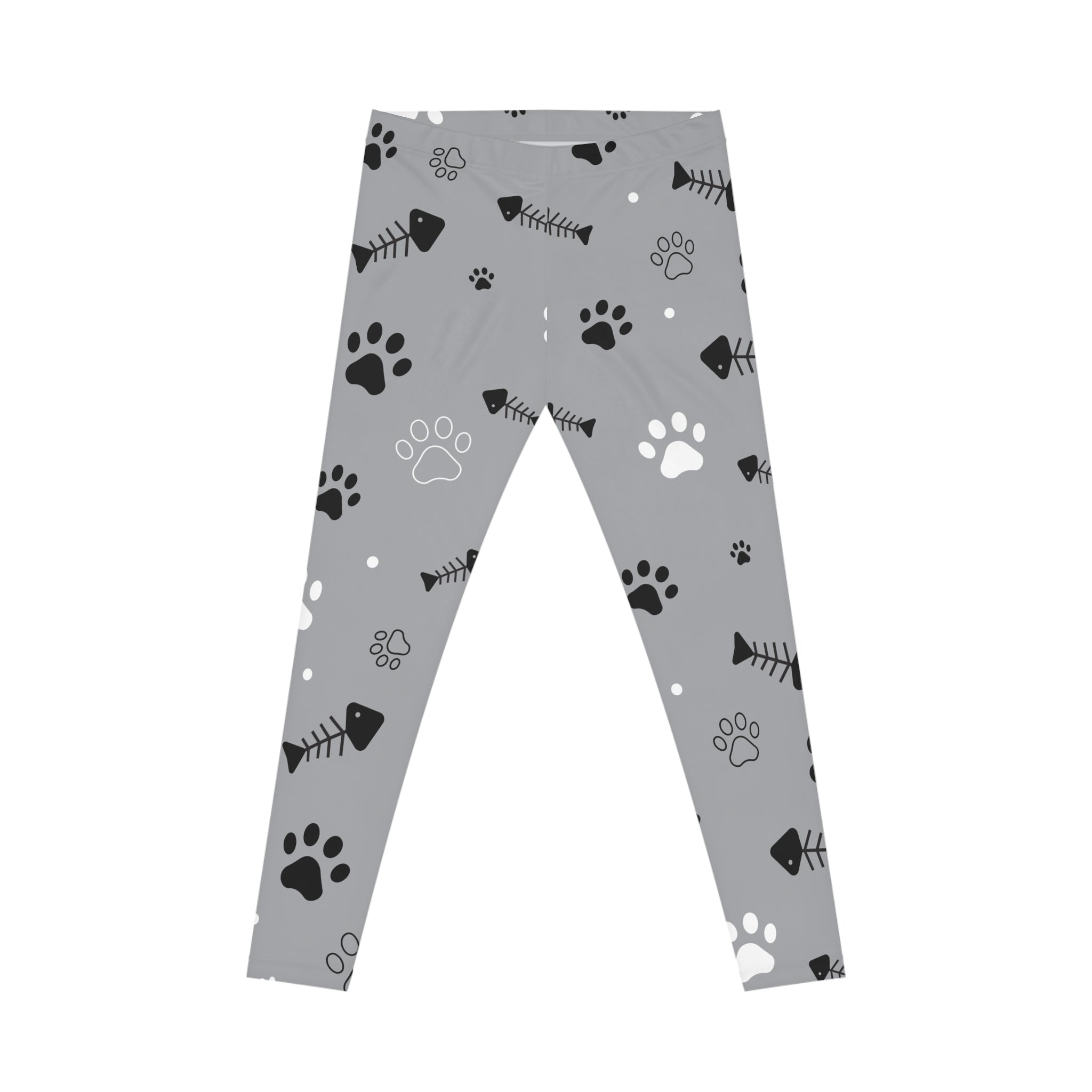 Gray Paw Print & Fishbone Pattern Leggings — Cute Cat & Dog Themed Yoga Pants