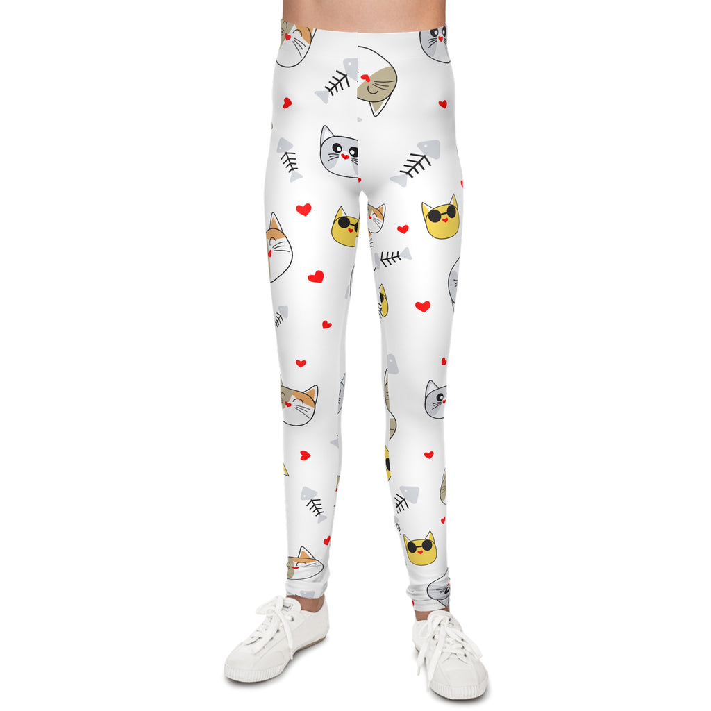 Kids Cat Print Leggings — Cute Cat Faces & Hearts All-Over Print