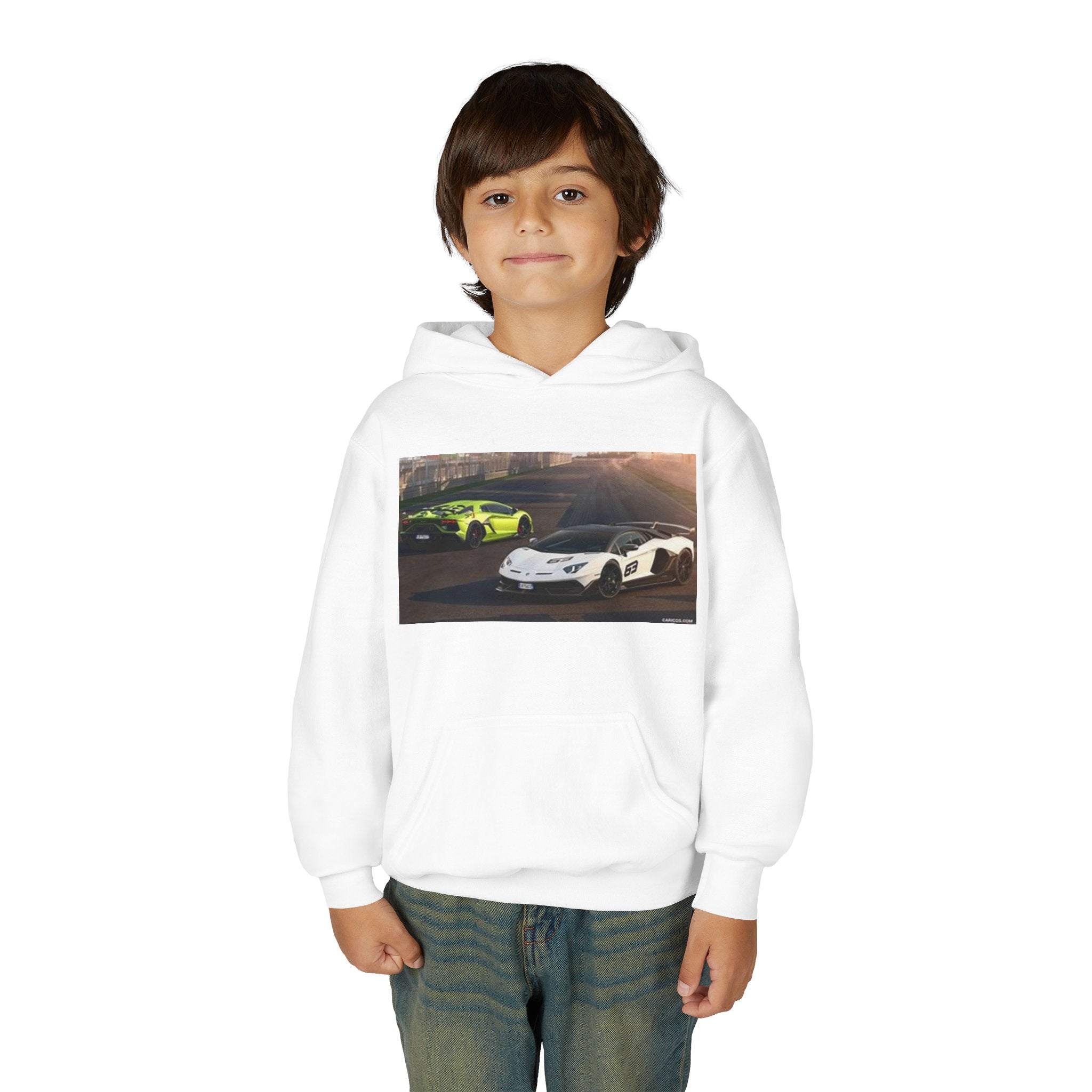 Youth Hoodie — Exotic Sports Cars Print with “Buckle Up” Back Script