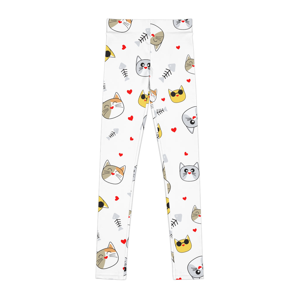 Kids Cat Print Leggings — Cute Cat Faces & Hearts All-Over Print