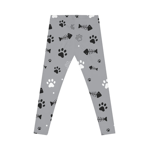 Gray Paw Print & Fishbone Pattern Leggings — Cute Cat & Dog Themed Yoga Pants