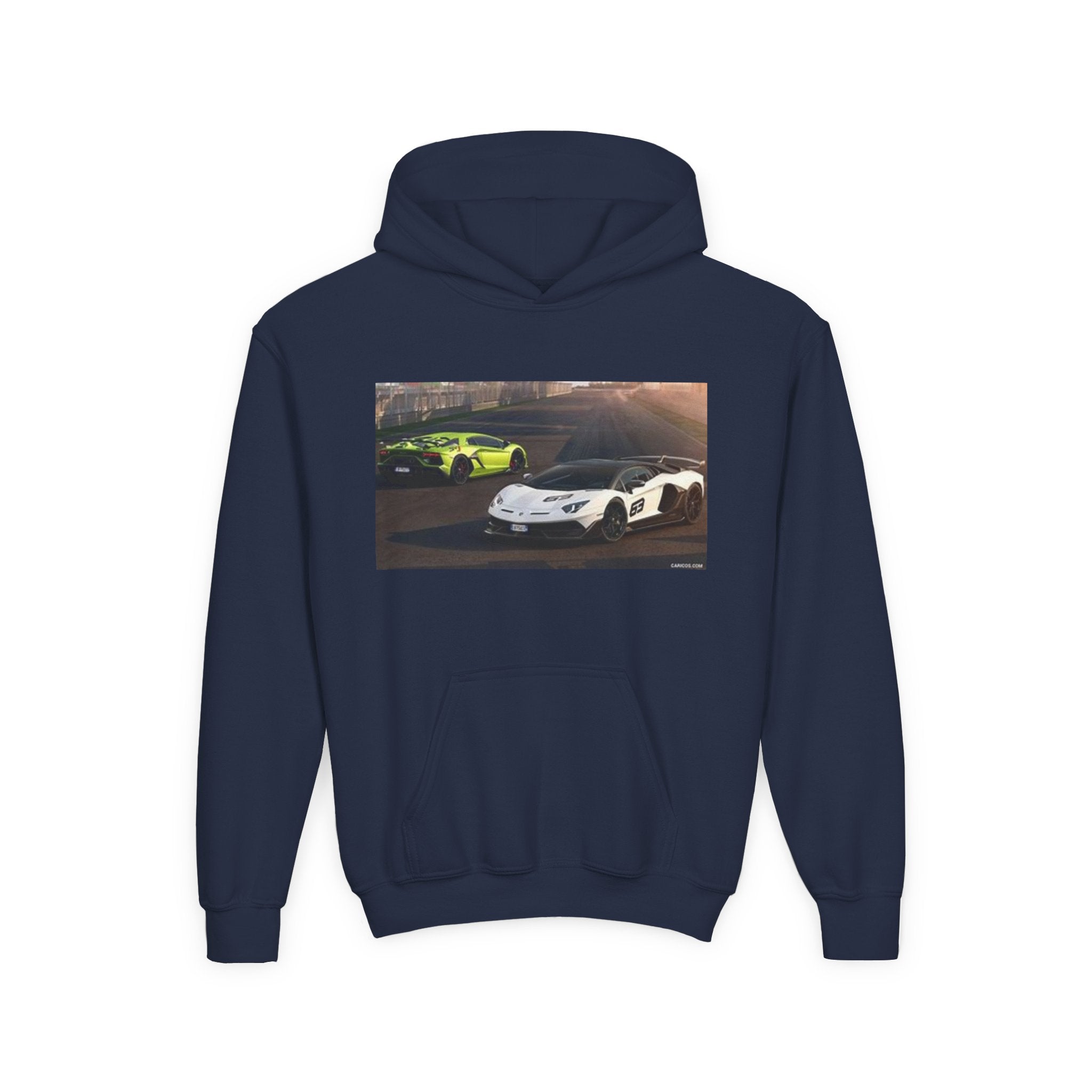 Youth Hoodie — Exotic Sports Cars Print with “Buckle Up” Back Script