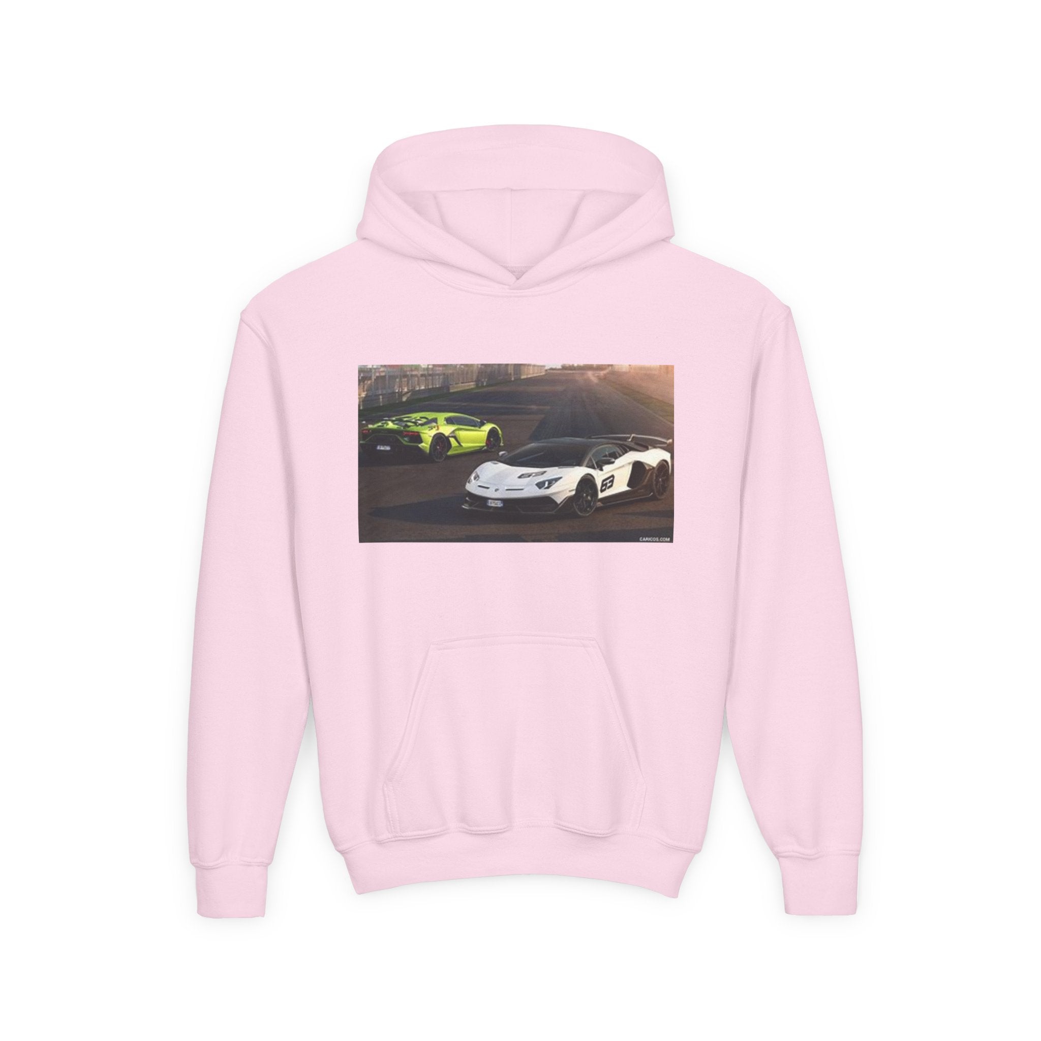 Youth Hoodie — Exotic Sports Cars Print with “Buckle Up” Back Script