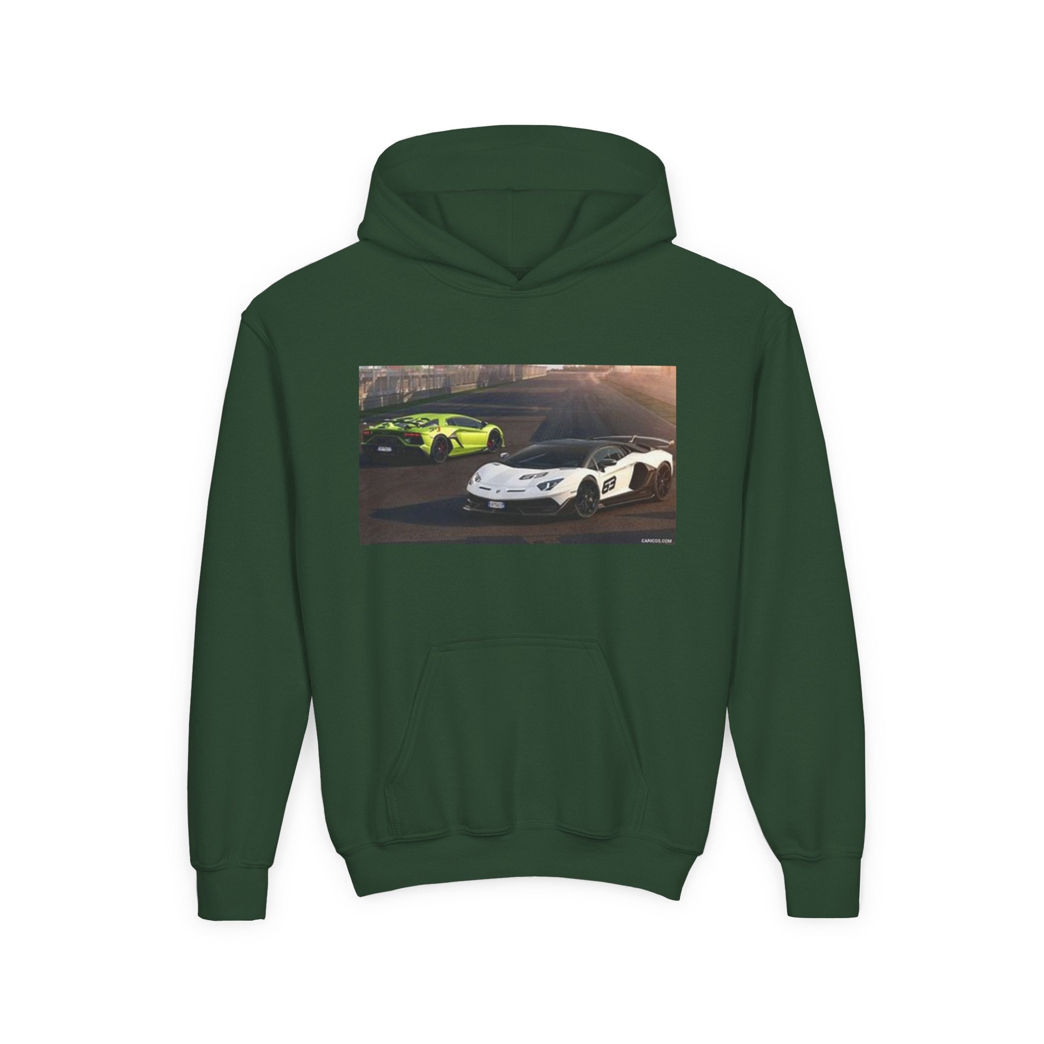 Youth Hoodie — Exotic Sports Cars Print with “Buckle Up” Back Script