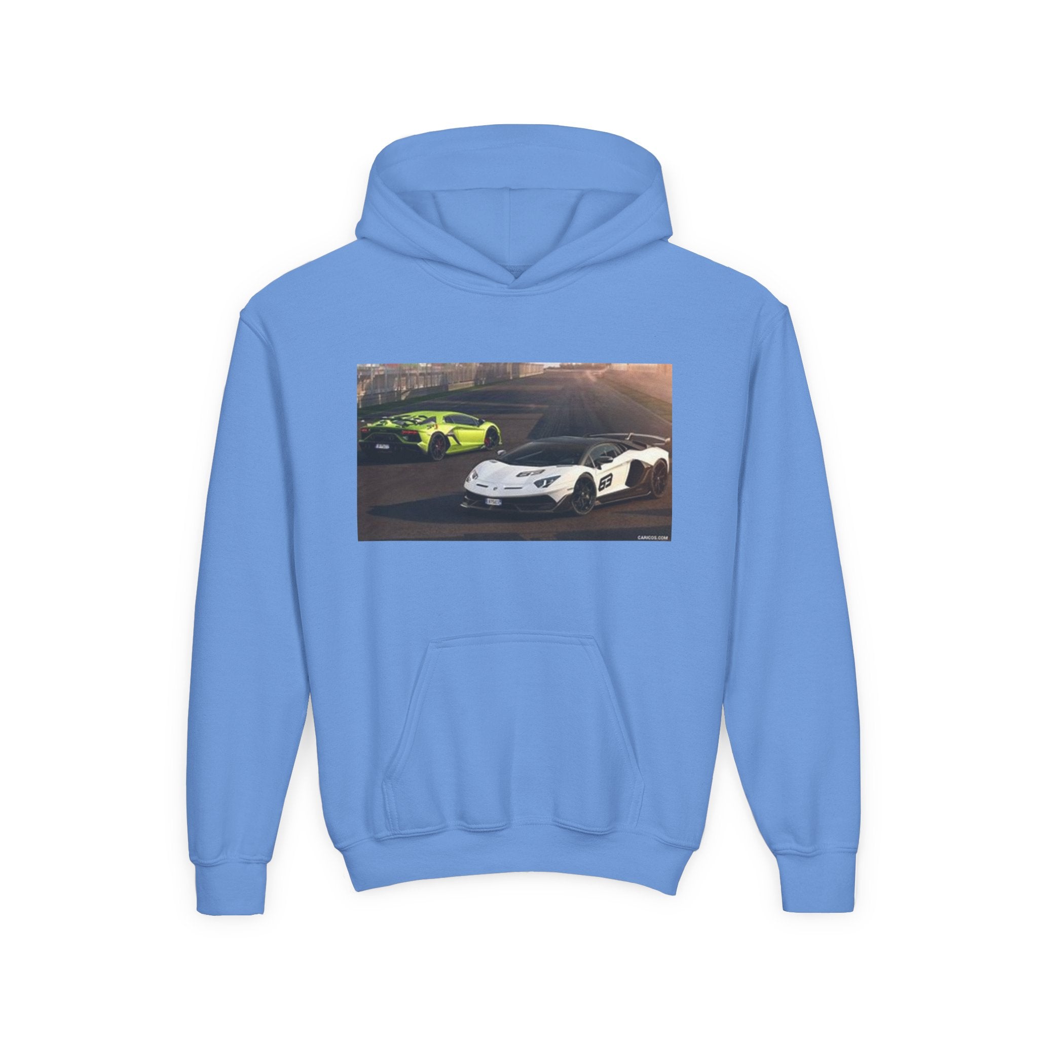 Youth Hoodie — Exotic Sports Cars Print with “Buckle Up” Back Script