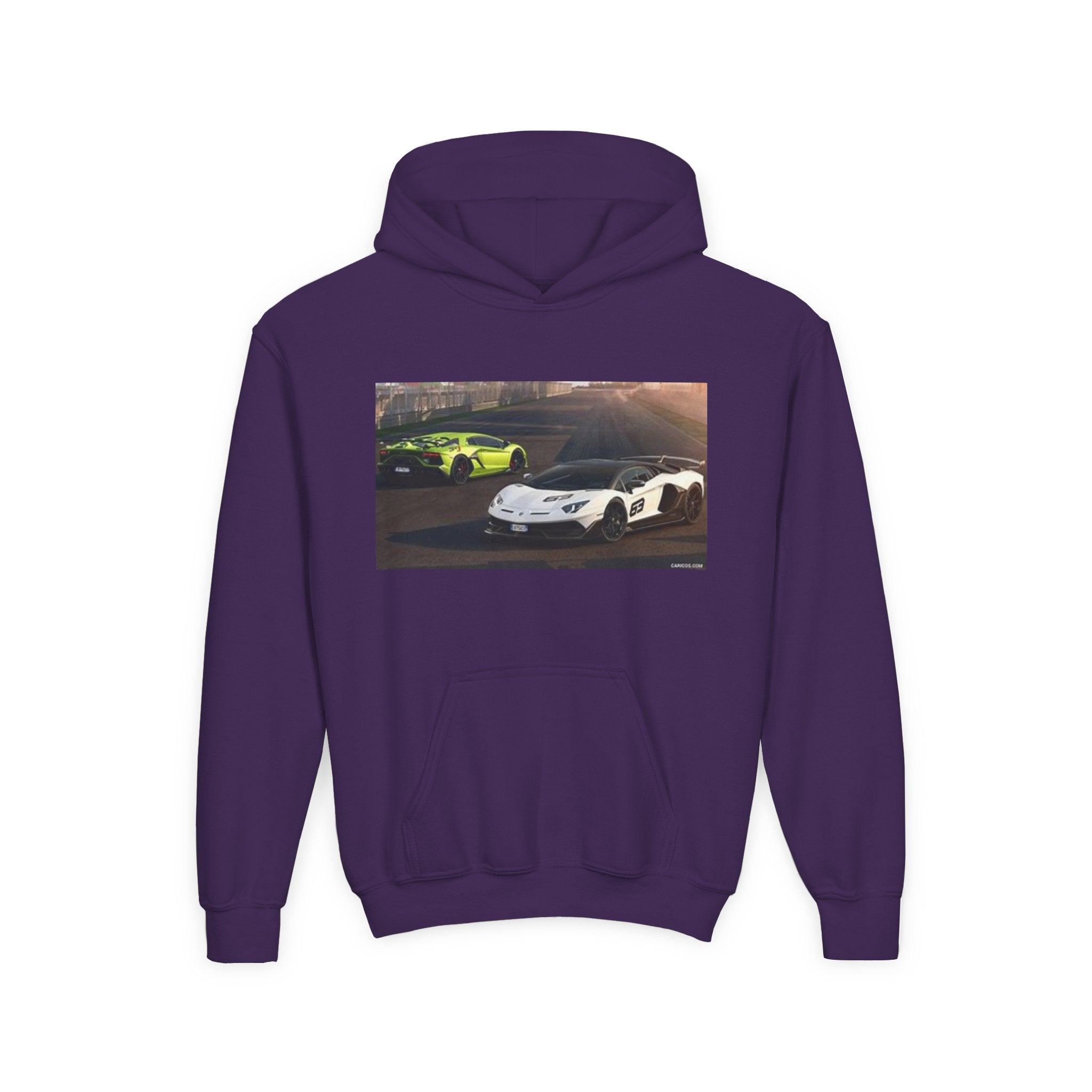 Youth Hoodie — Exotic Sports Cars Print with “Buckle Up” Back Script