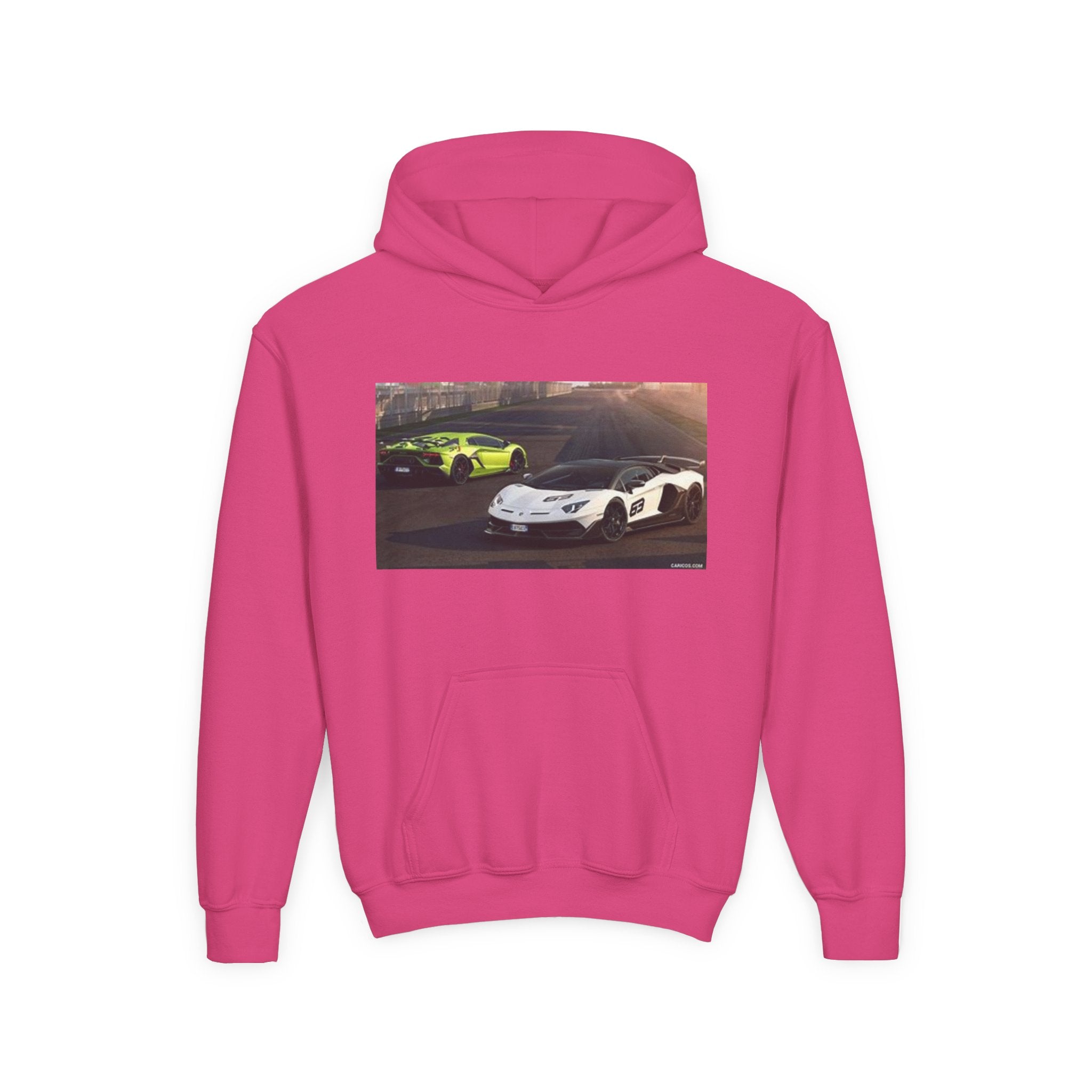 Youth Hoodie — Exotic Sports Cars Print with “Buckle Up” Back Script