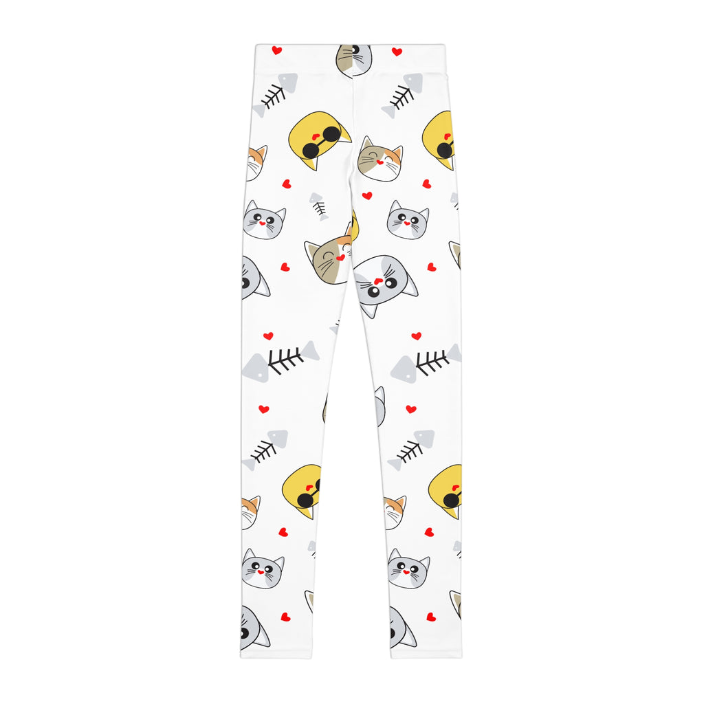 Kids Cat Print Leggings — Cute Cat Faces & Hearts All-Over Print