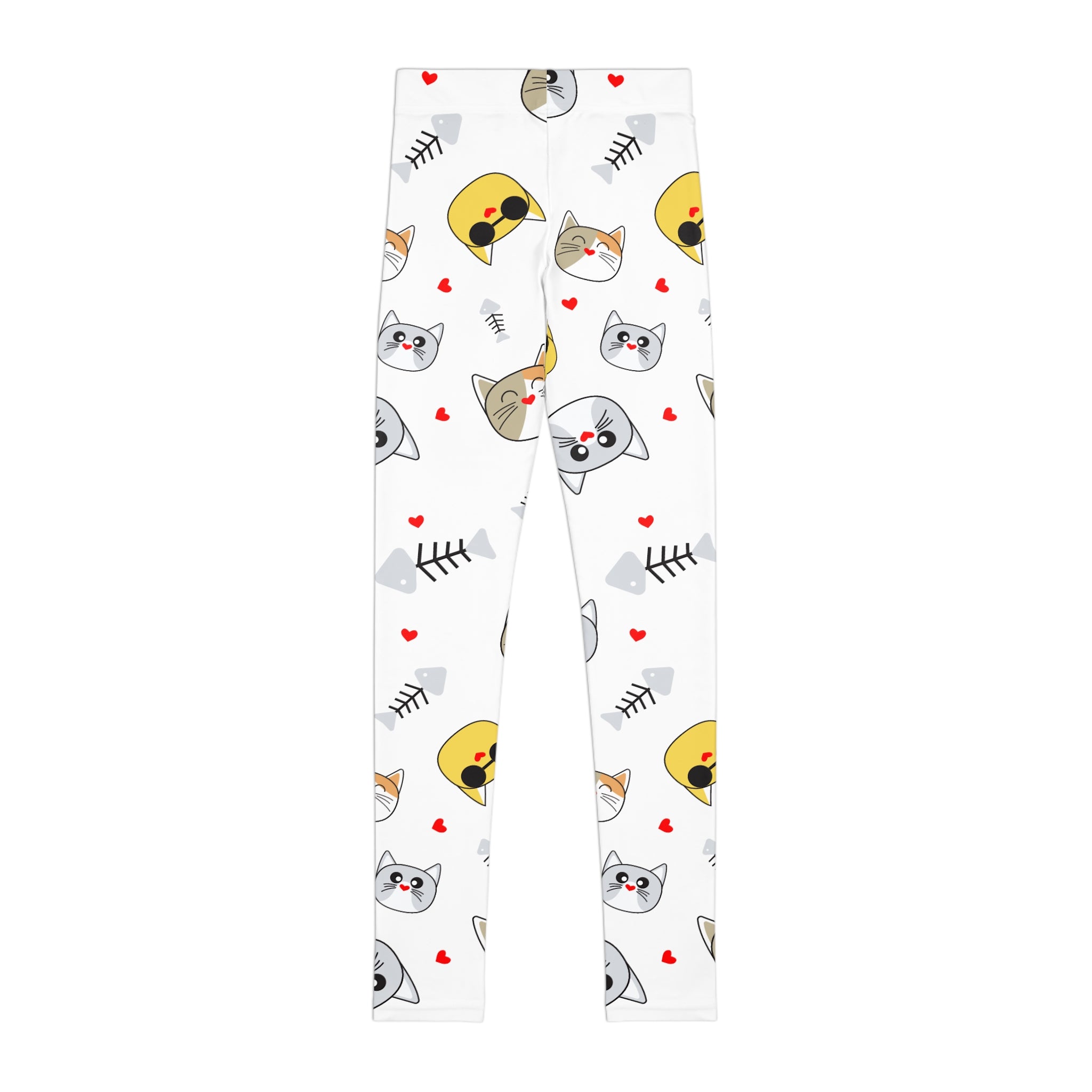 Kids Cat Print Leggings — Cute Cat Faces & Hearts All-Over Print