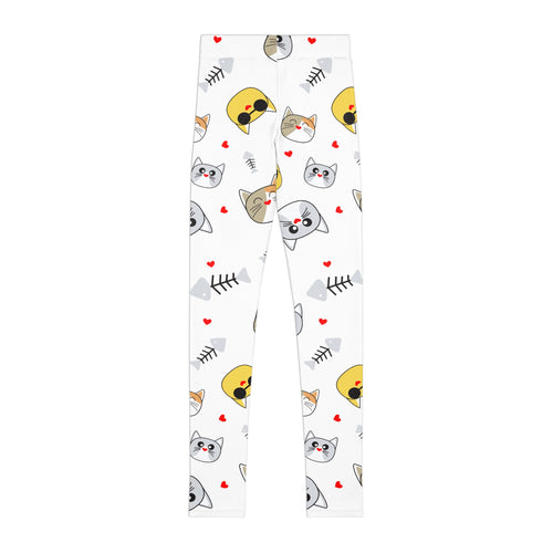 Kids Cat Print Leggings — Cute Cat Faces & Hearts All-Over Print