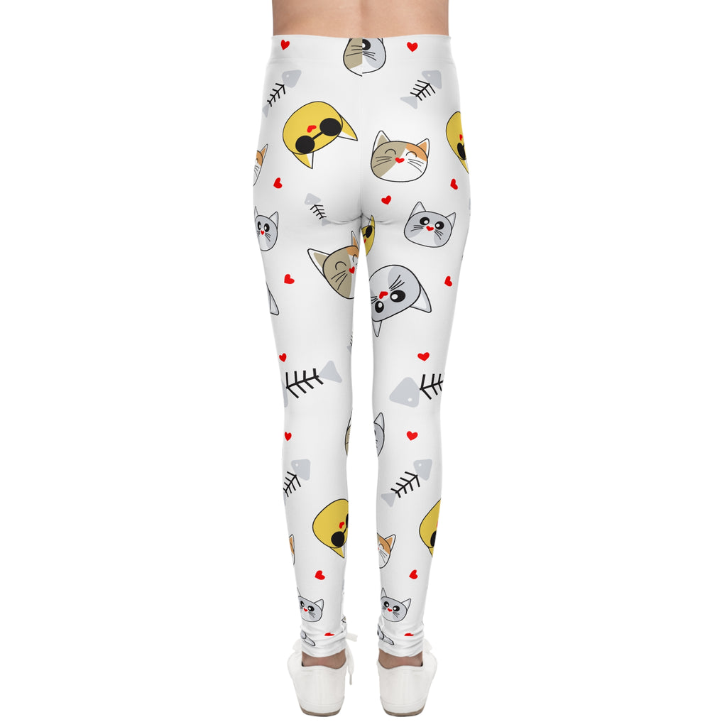 Kids Cat Print Leggings — Cute Cat Faces & Hearts All-Over Print