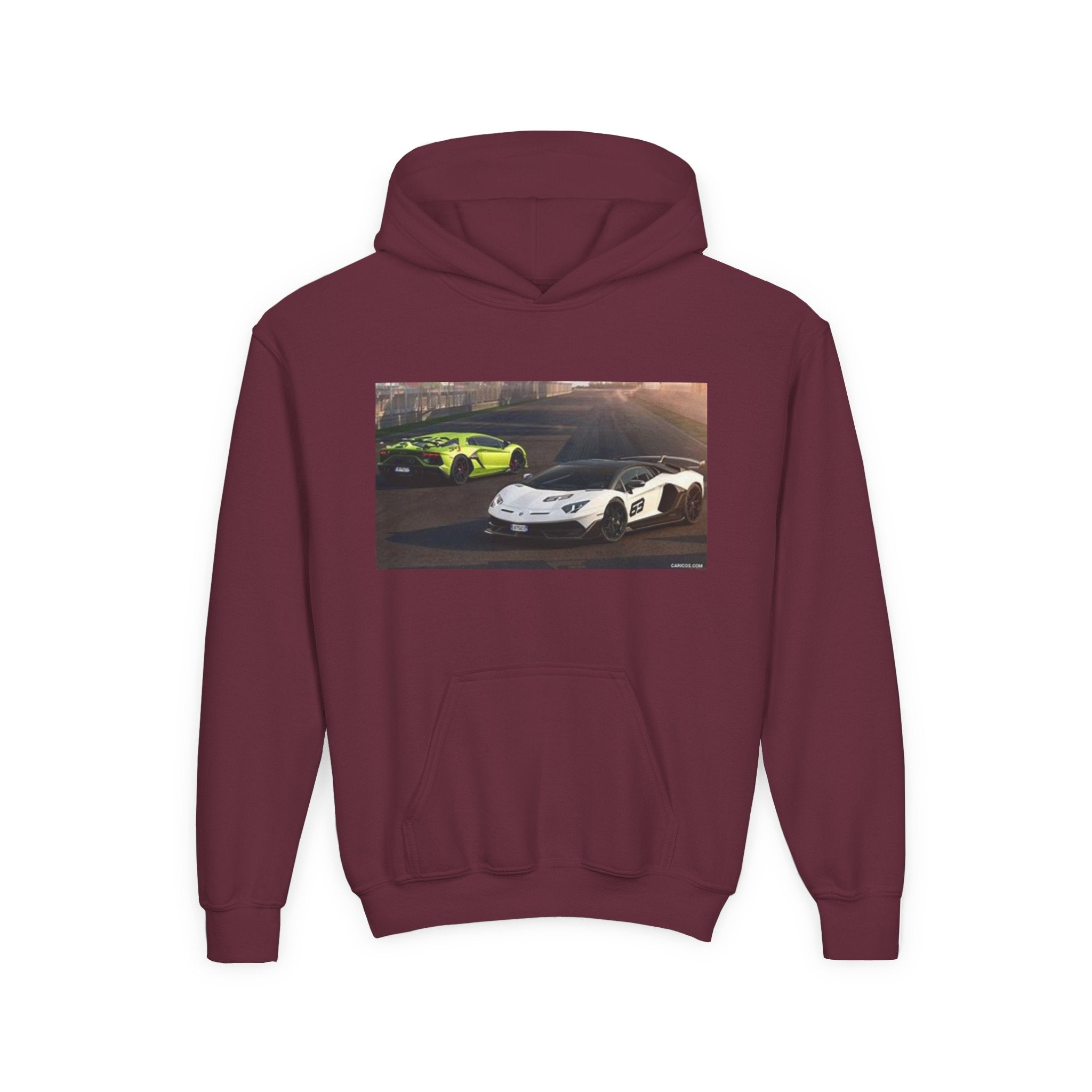 Youth Hoodie — Exotic Sports Cars Print with “Buckle Up” Back Script