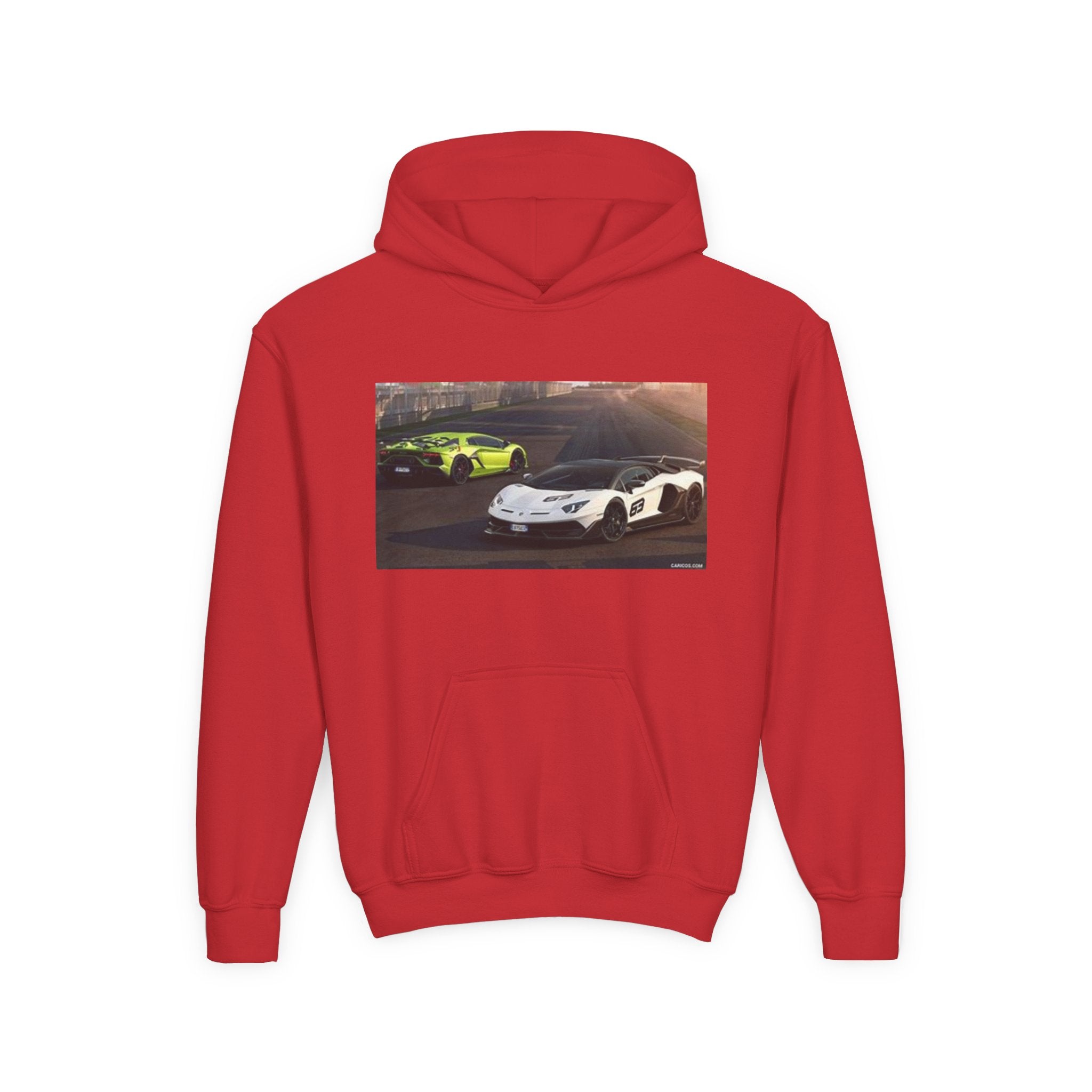 Youth Hoodie — Exotic Sports Cars Print with “Buckle Up” Back Script