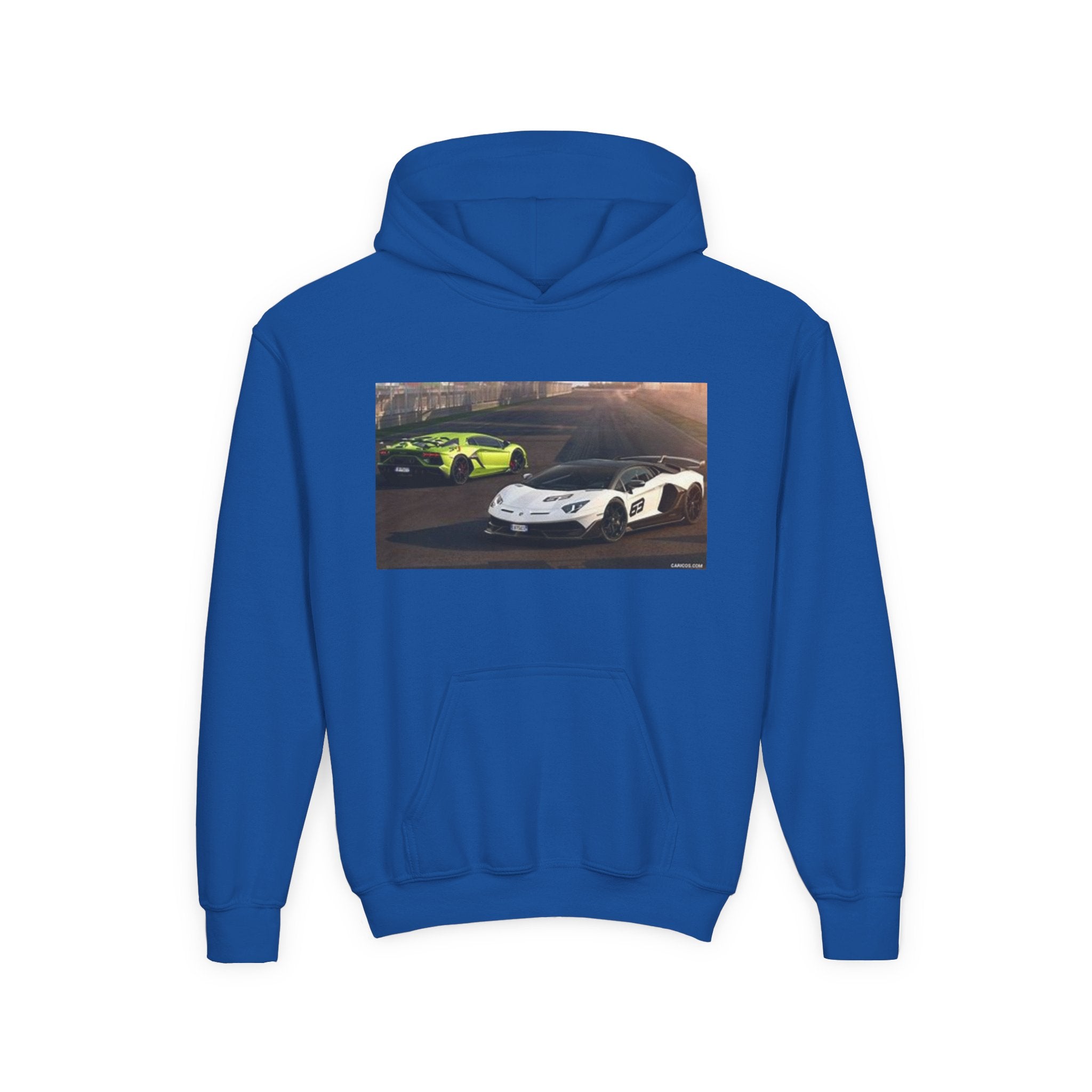 Youth Hoodie — Exotic Sports Cars Print with “Buckle Up” Back Script