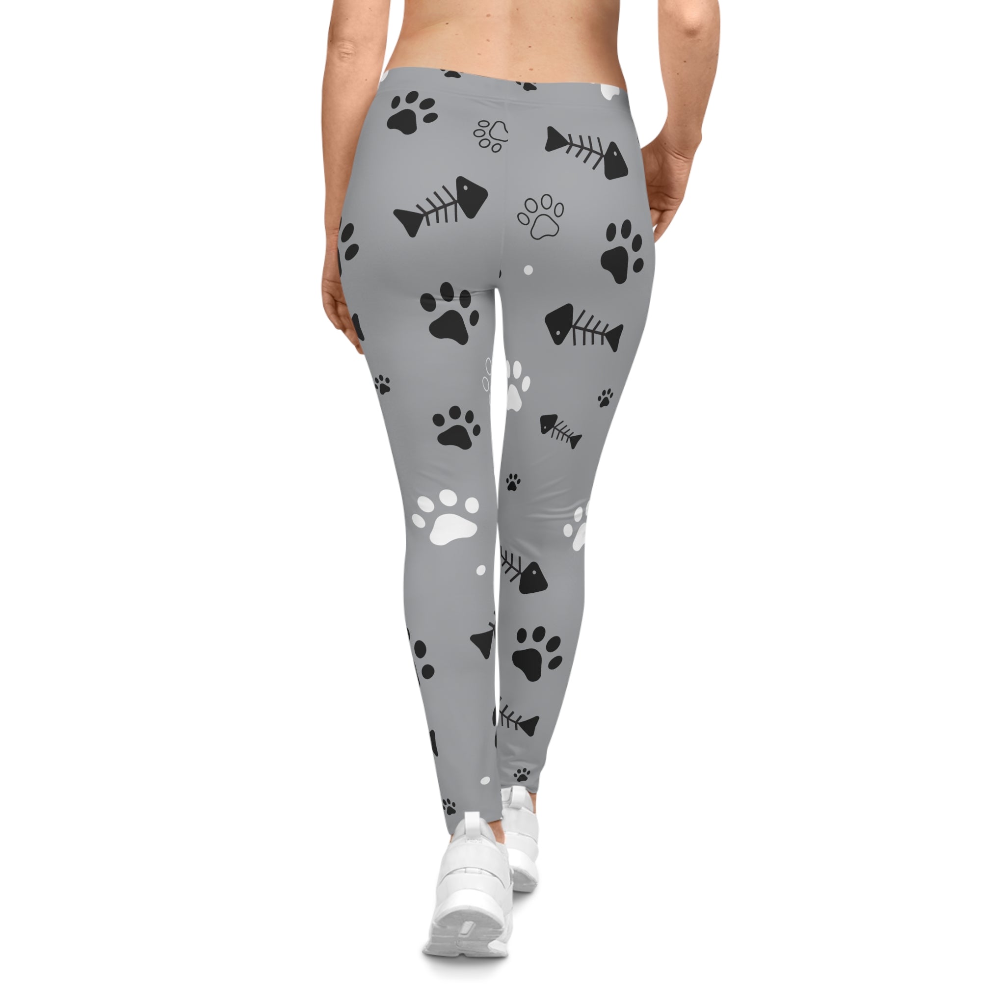Gray Paw Print & Fishbone Pattern Leggings — Cute Cat & Dog Themed Yoga Pants