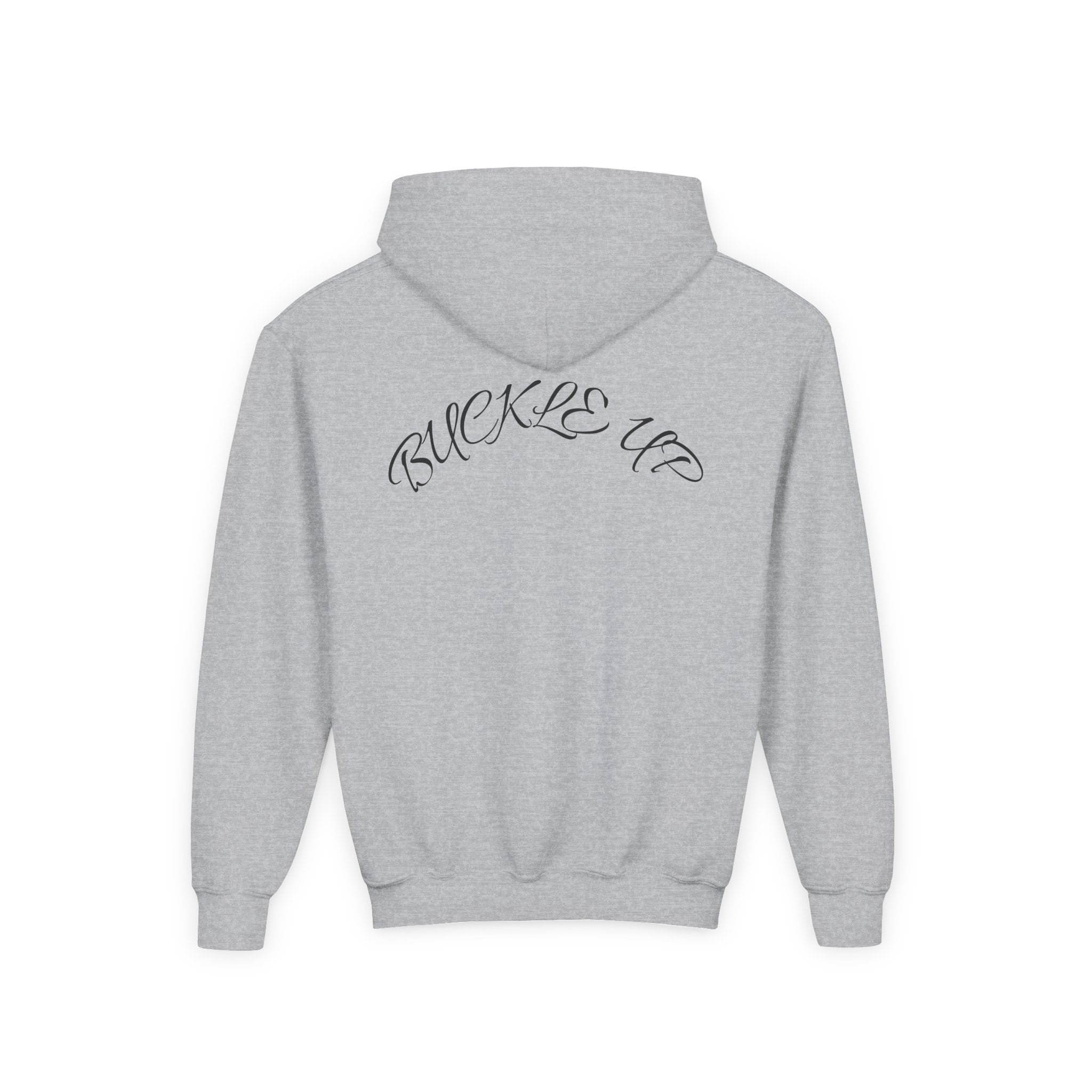 Youth Hoodie — Exotic Sports Cars Print with “Buckle Up” Back Script